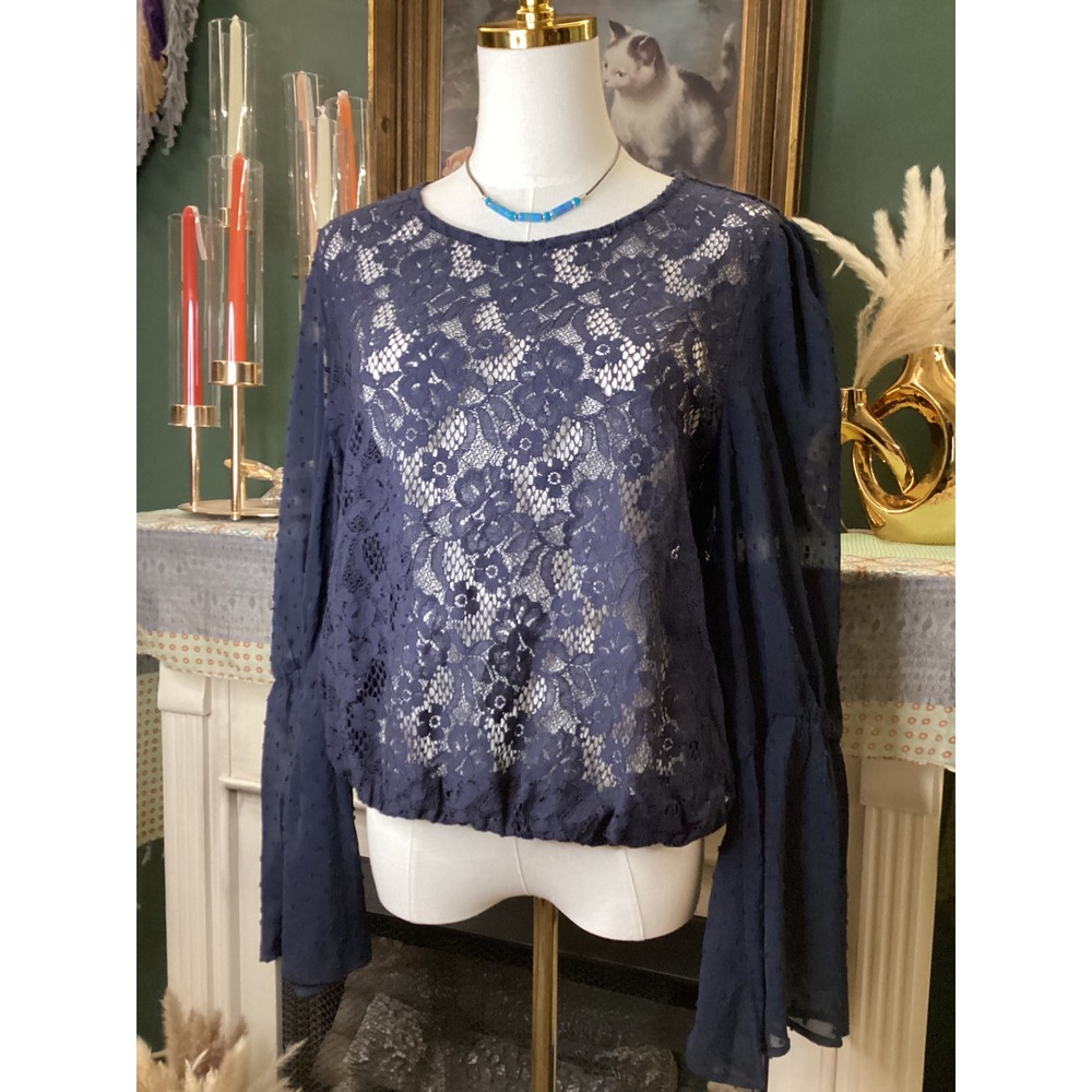 Charming Charlie Navy Blue Floral Lace Swiss Dot Bell Sleeve Top Fairytale Frost